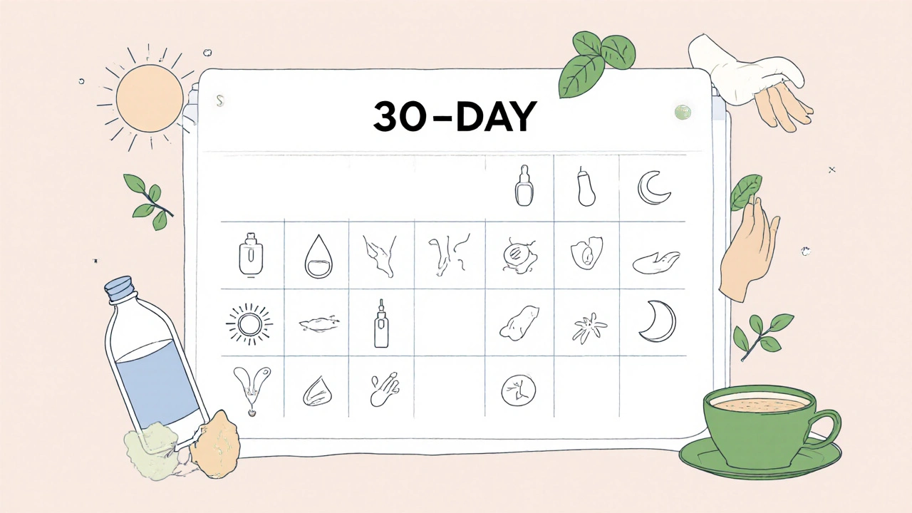 30‑day calendar showing morning and evening skincare steps plus lifestyle icons like water and sleep.