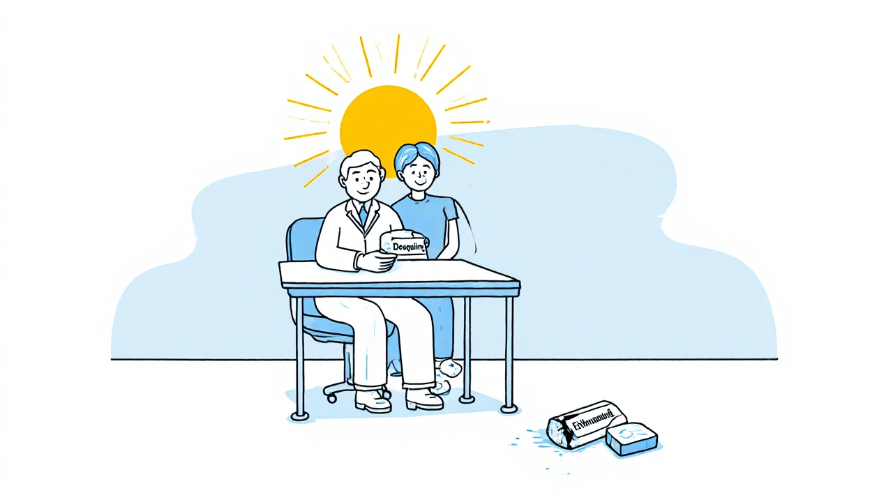 A doctor and patient at a clinic, with a modern TB pill glowing and an old one discarded, shown in minimalist line art.