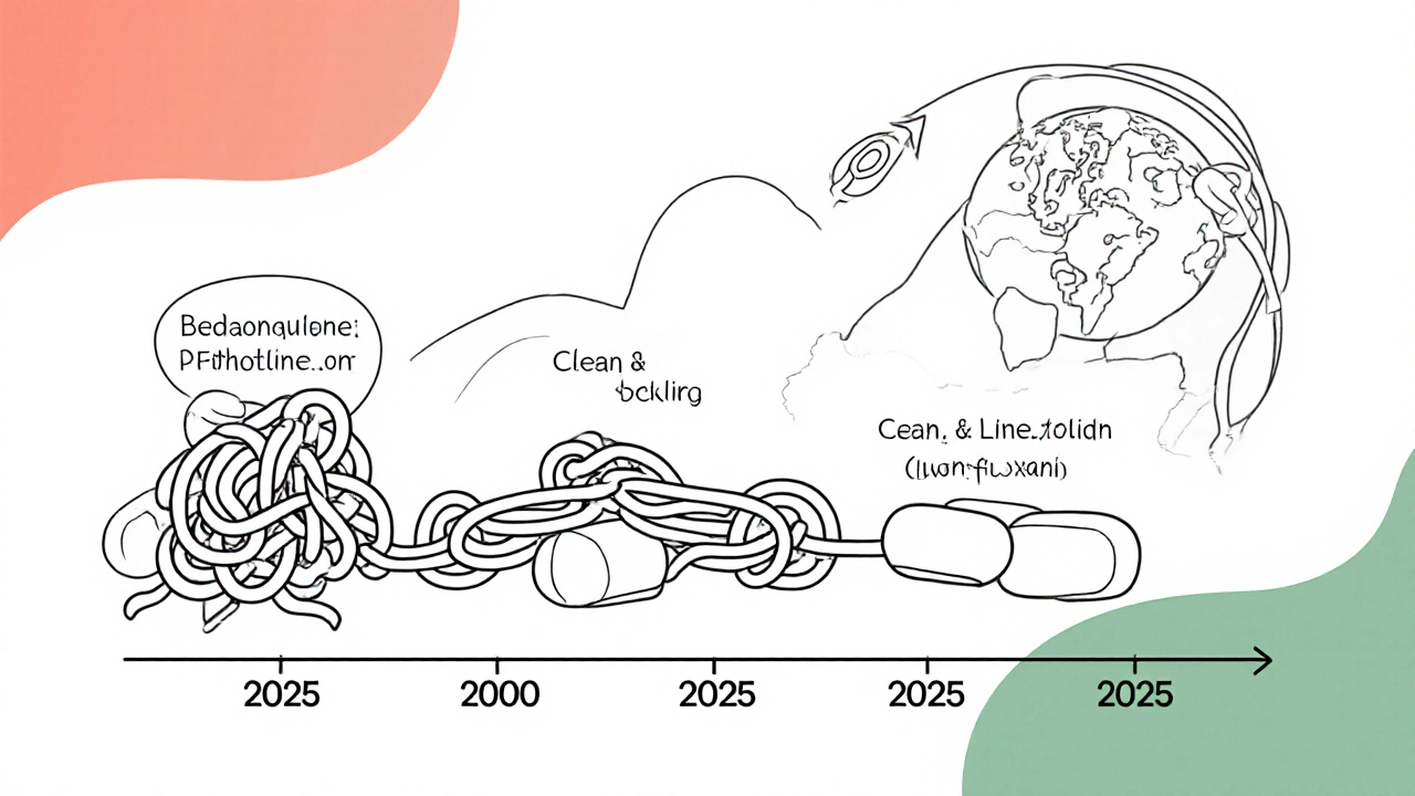 A timeline showing the shift from outdated TB drugs to modern alternatives, illustrated with clean monoline strokes.
