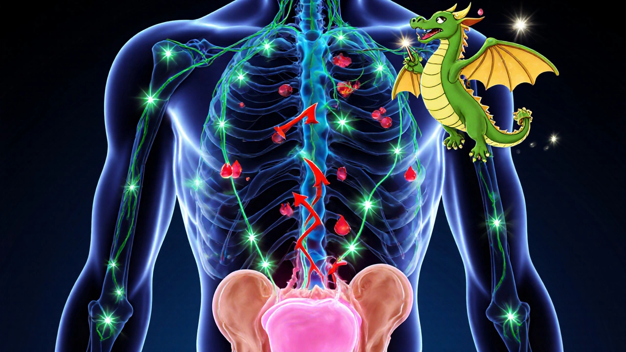 Animated Qi flows from acupuncture needles to a bladder, showing nerve and blood flow effects.
