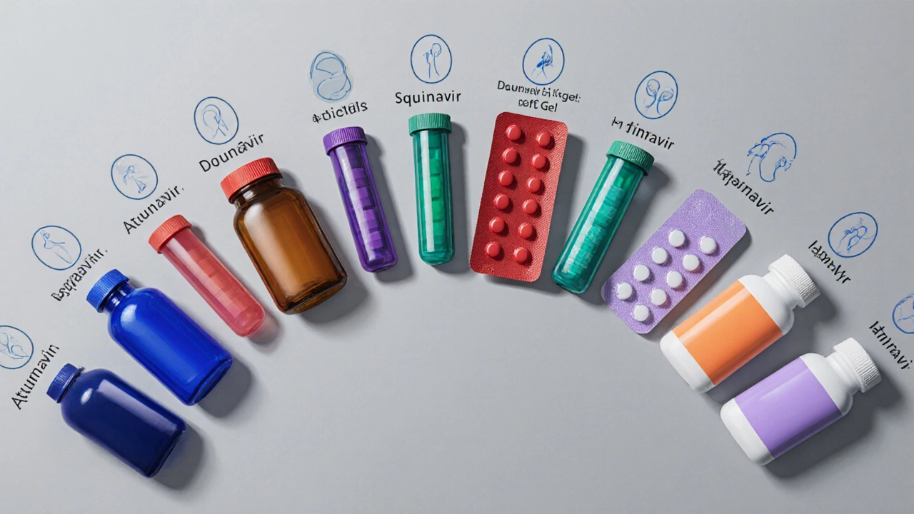 Assorted protease inhibitor pill bottles arranged on a neutral surface, each with distinct colors.