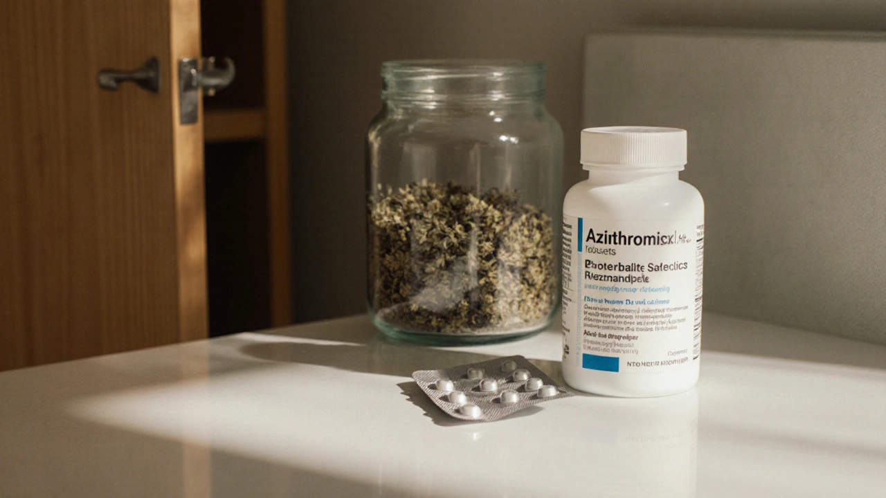 Azithromycin blister pack stored on bathroom counter with sunlight.