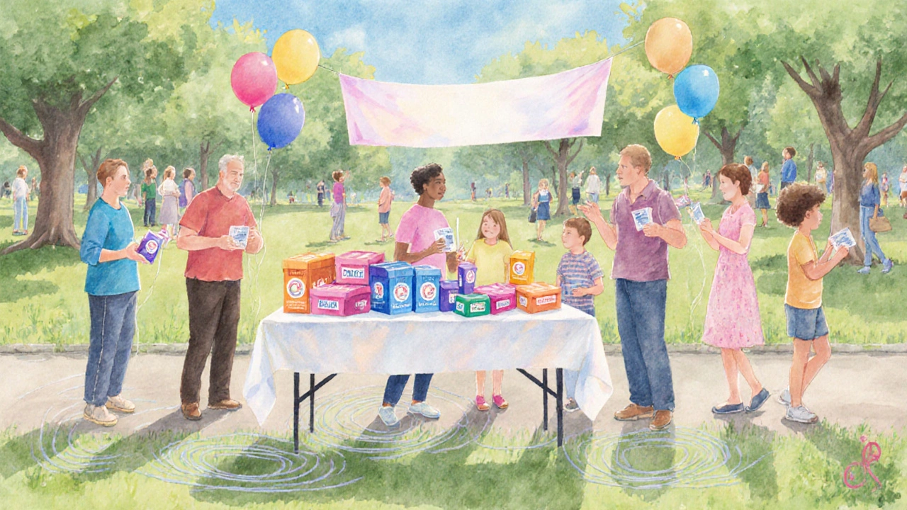 Community park registration drive with people lining up and pastel light ripple spreading out.