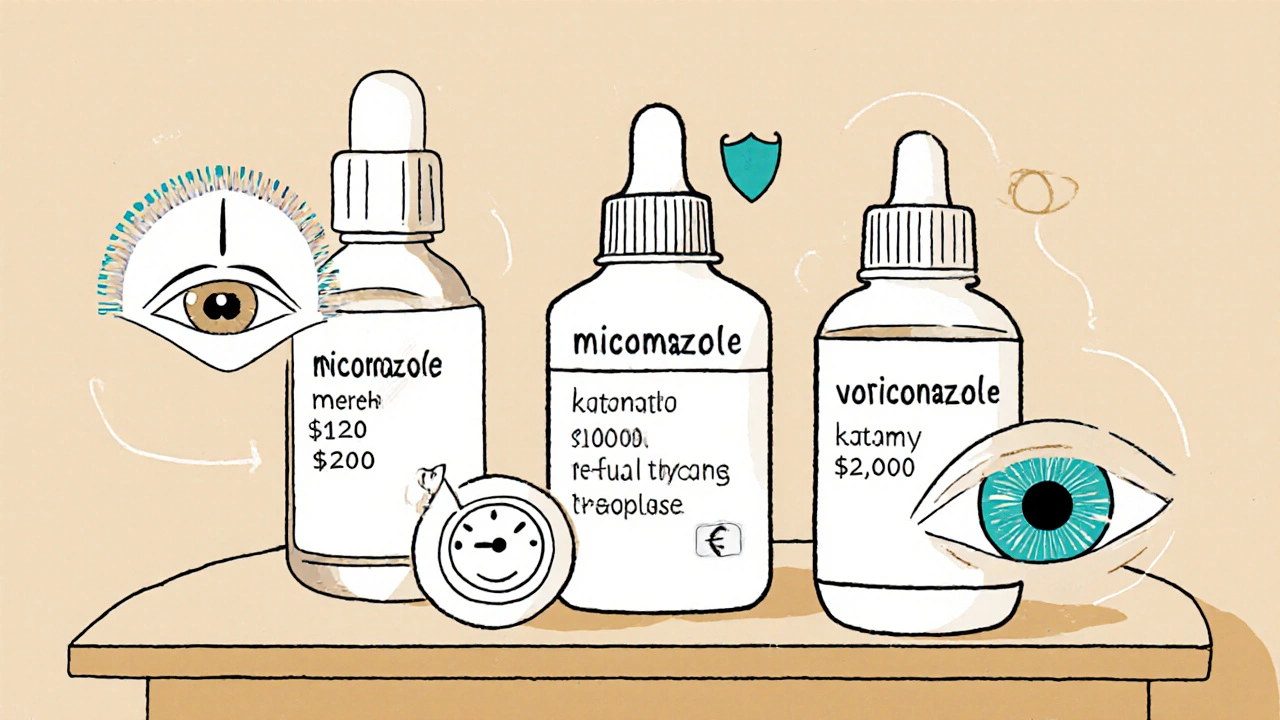 Comparison of antifungal eye drops with cost icons and a healed eye.