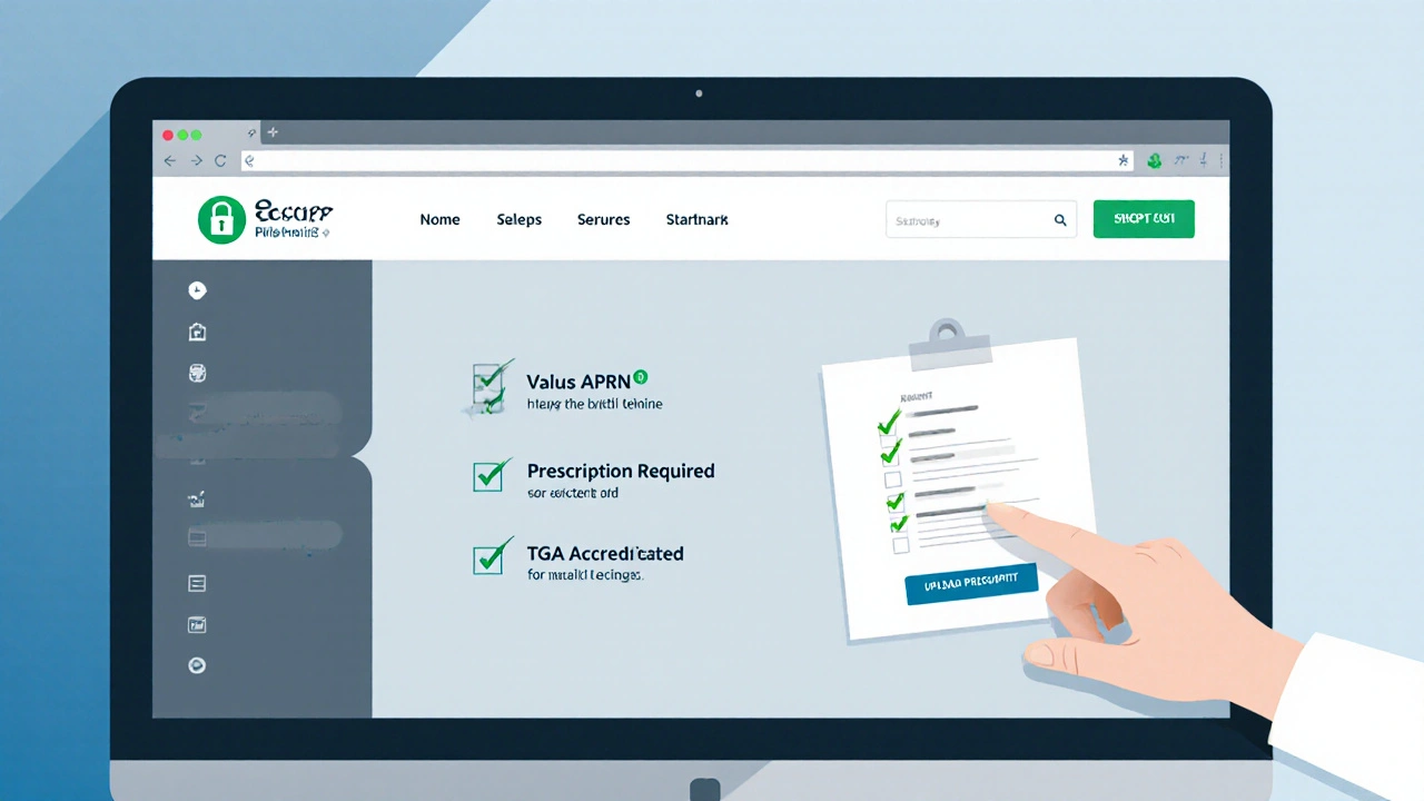 Computer screen showing secure pharmacy website with checklist icons.