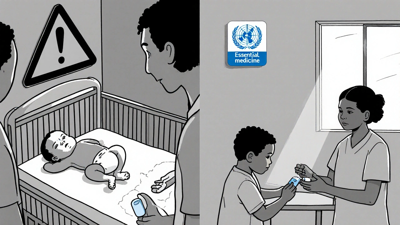 Contrast between newborn with gray baby syndrome and child receiving chloramphenicol in clinic