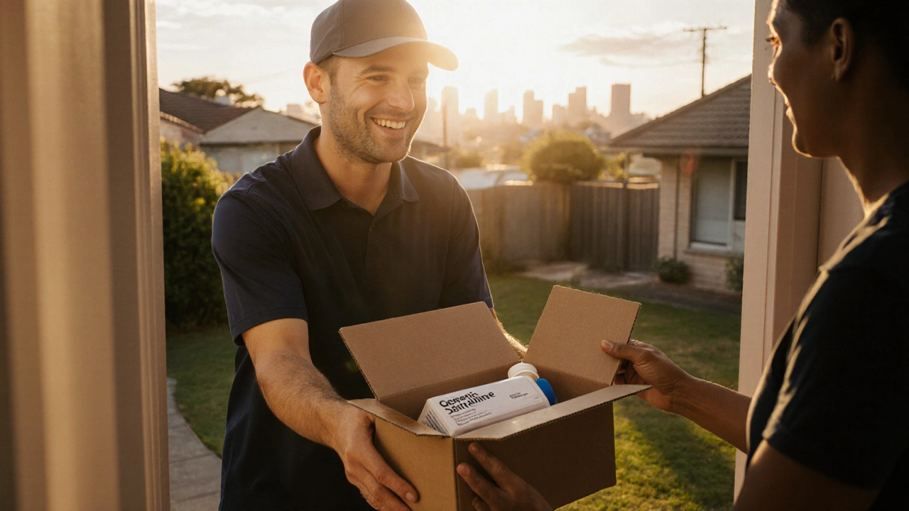 Courier delivering a sealed box containing a pill bottle at a sunny suburban doorstep.