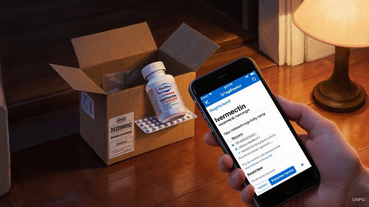 Delivered box opened to reveal authentic generic ivermectin tablets and confirmation email.