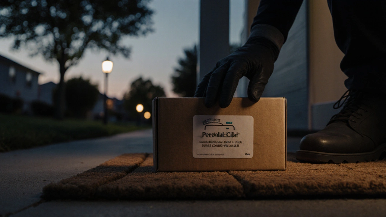 Discreet brown box placed on a doorstep at dusk with subtle lighting.