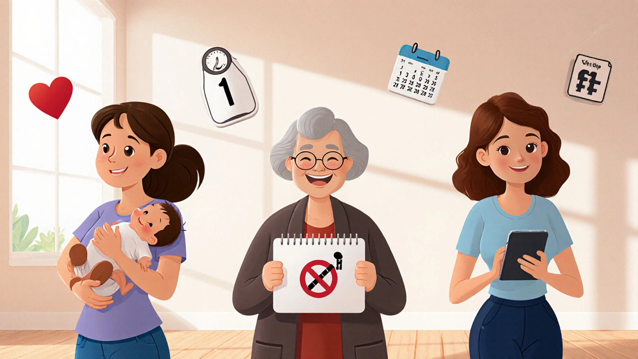 Disney‑style image of three women—a breastfeeding mother, a non‑smoker, and a tracker‑using woman—showing benefits of Desogestrel.