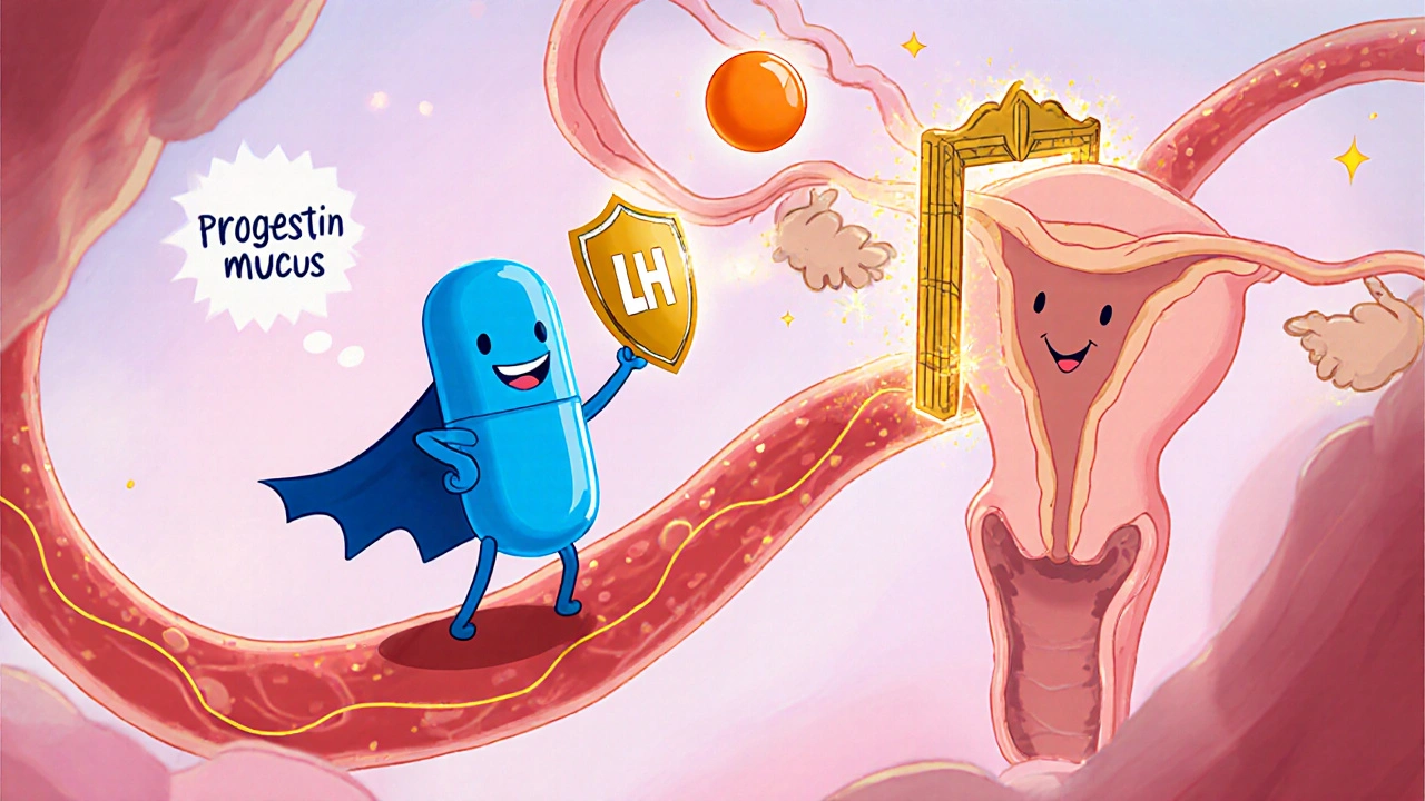 Disney‑style scene of a mini‑pill blocking an LH hormone ball and thickening cervical mucus inside a uterus.