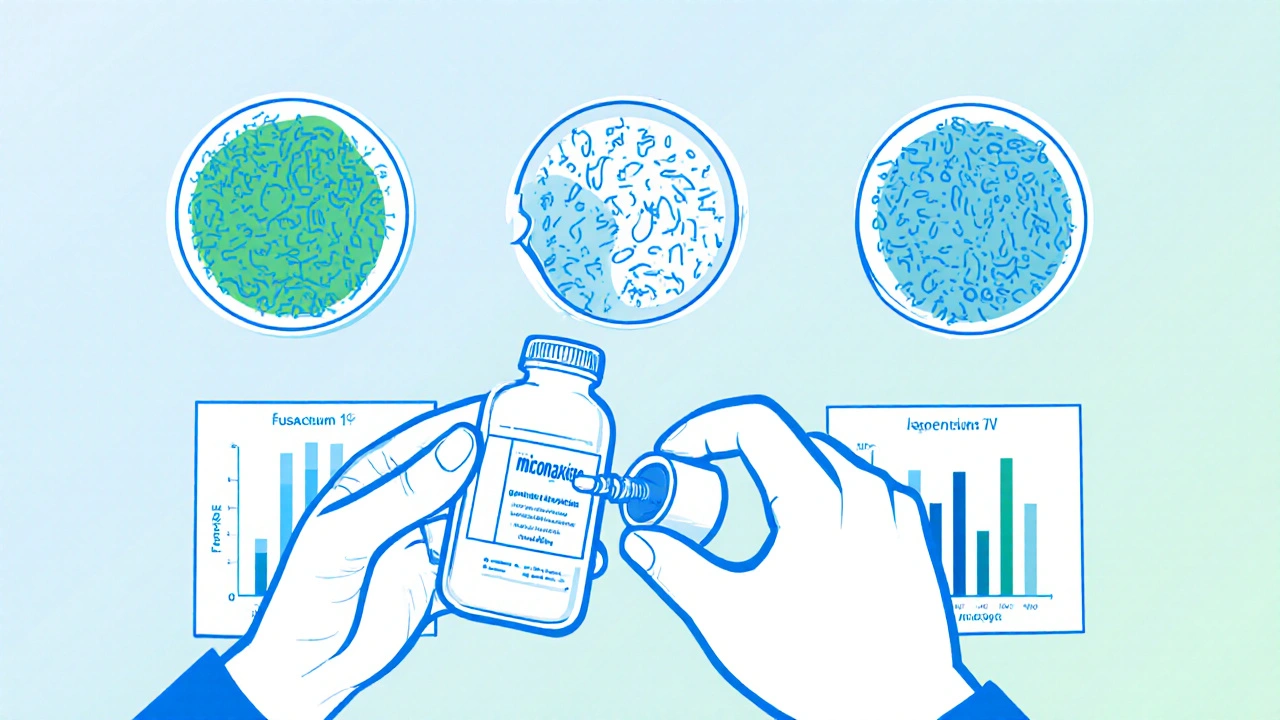 Doctor applying miconazole drops while fungal cultures appear behind.
