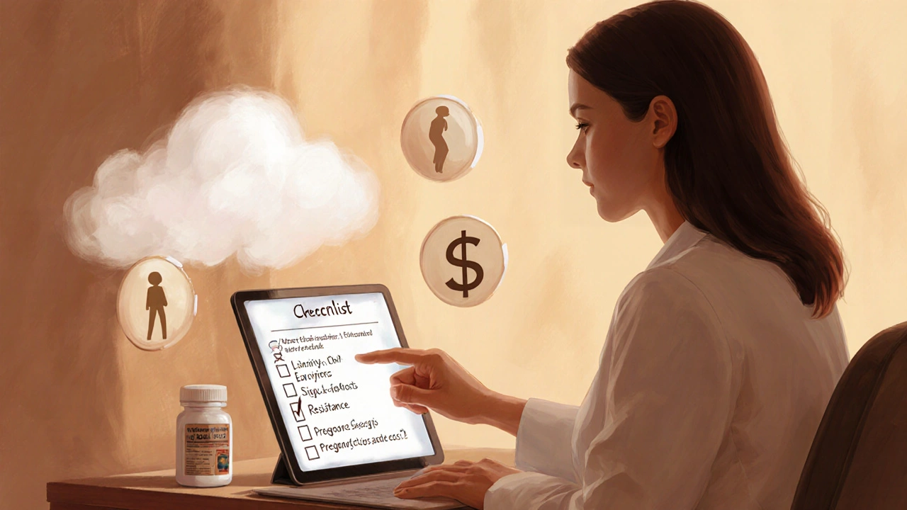 Doctor consulting a patient, showing a checklist with visual hints of side effects, cost, and pregnancy safety.