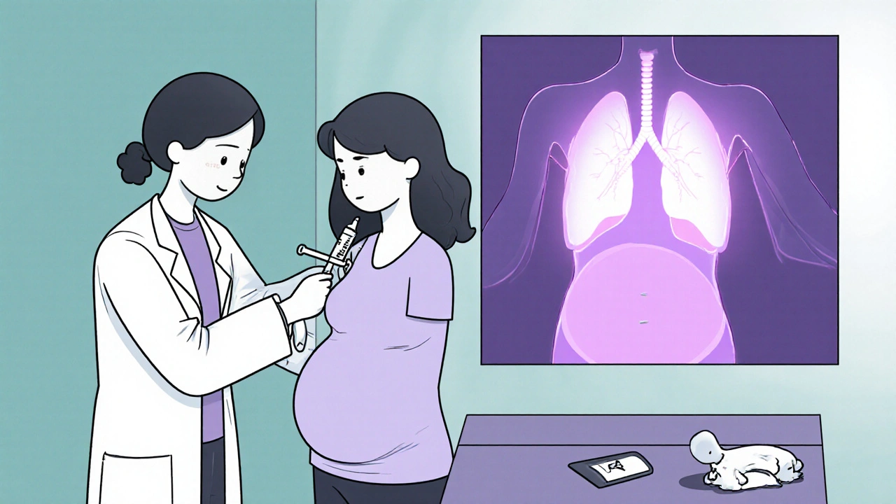 Doctor giving dexamethasone injection; fetal lungs highlighted for benefit.