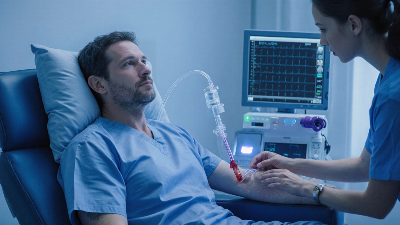 Donor receiving peripheral blood stem cell collection from a medical apheresis machine.