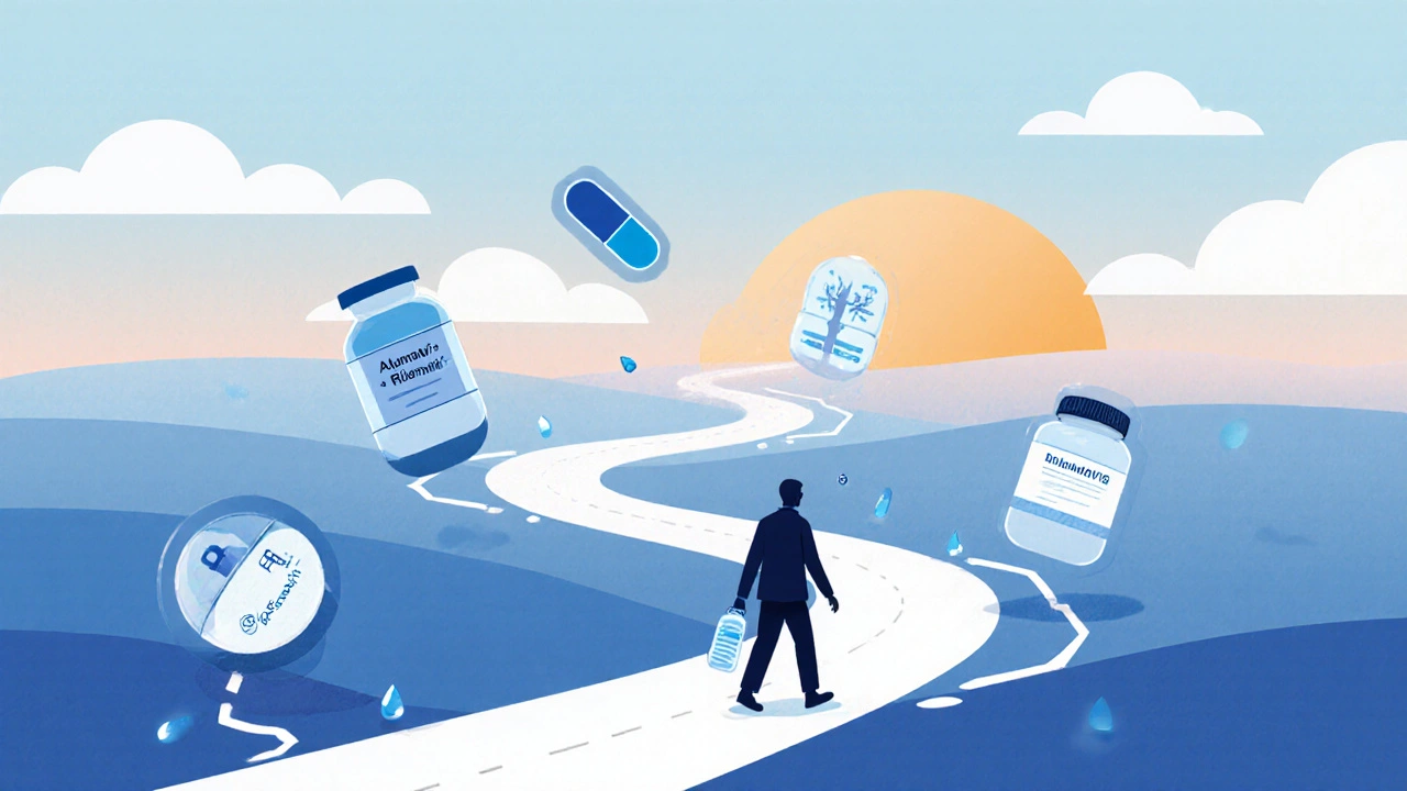 Figure walking along a branching road of medication icons toward a sunrise, symbolizing treatment choice.