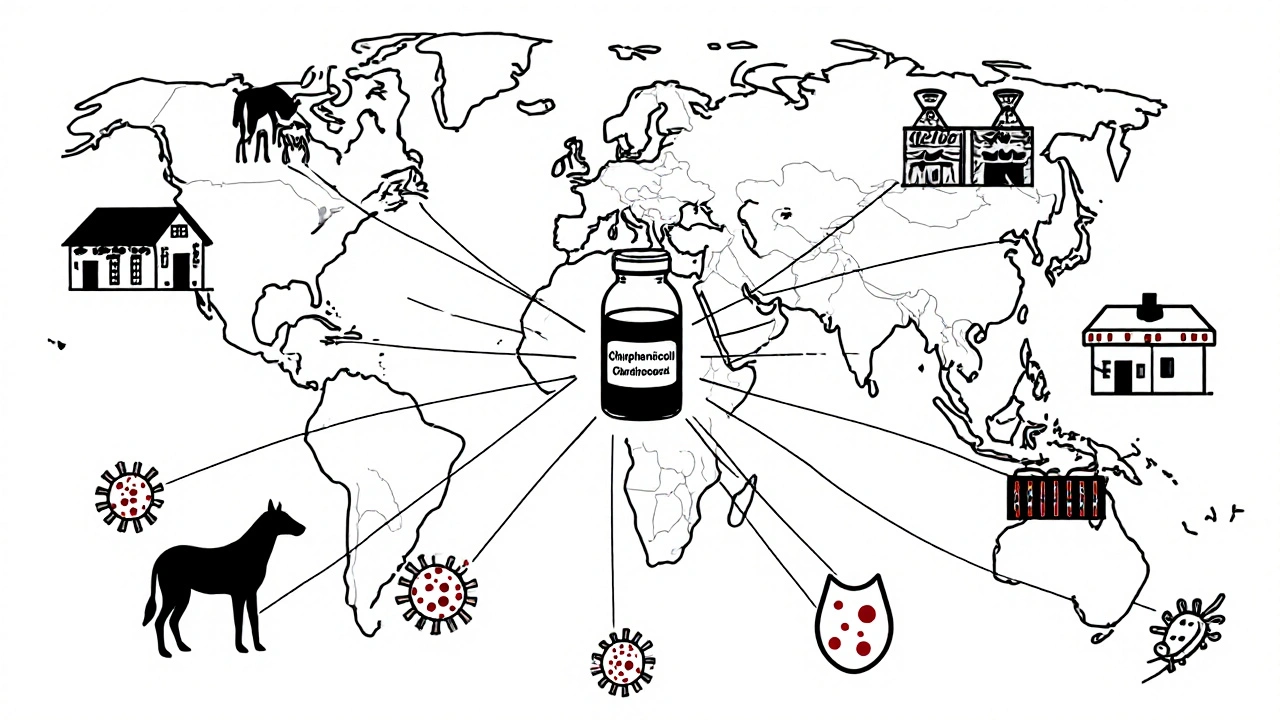 Global map showing chloramphenicol's use and emerging antibiotic resistance