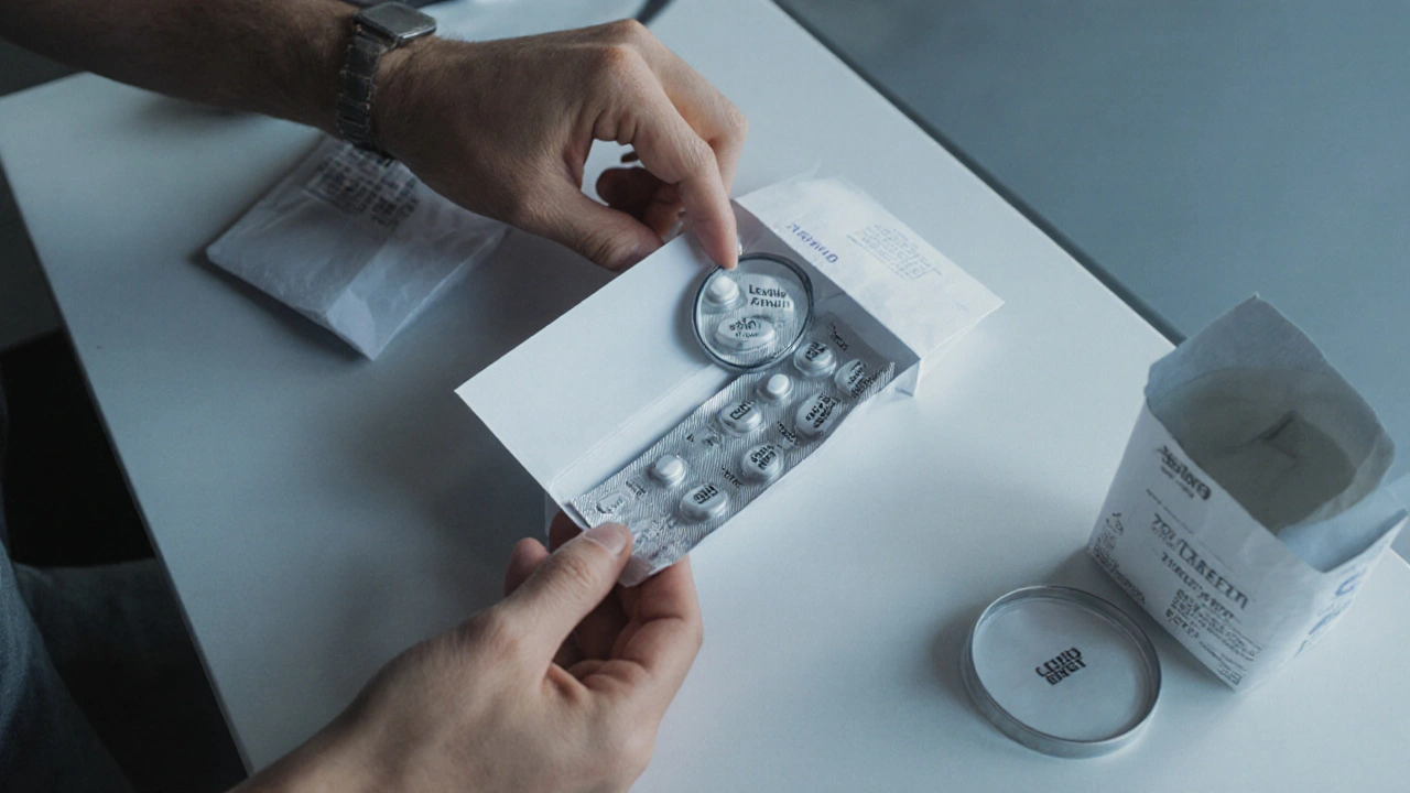 Hands opening a discreet box to reveal a blister pack of generic Levitra pills with a magnifying glass.