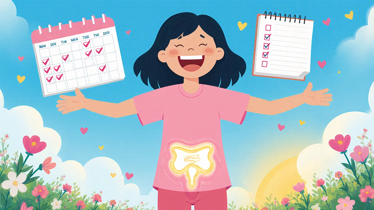 Happy patient outdoors with calendar checkmarks and a calm bladder outline, symbolizing relief.