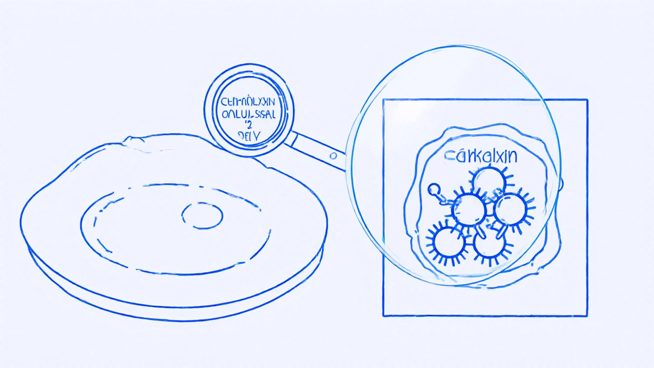 Human cell next to bacterial cell, showing cephalexin only affecting the bacterial wall, drawn with monoline art.