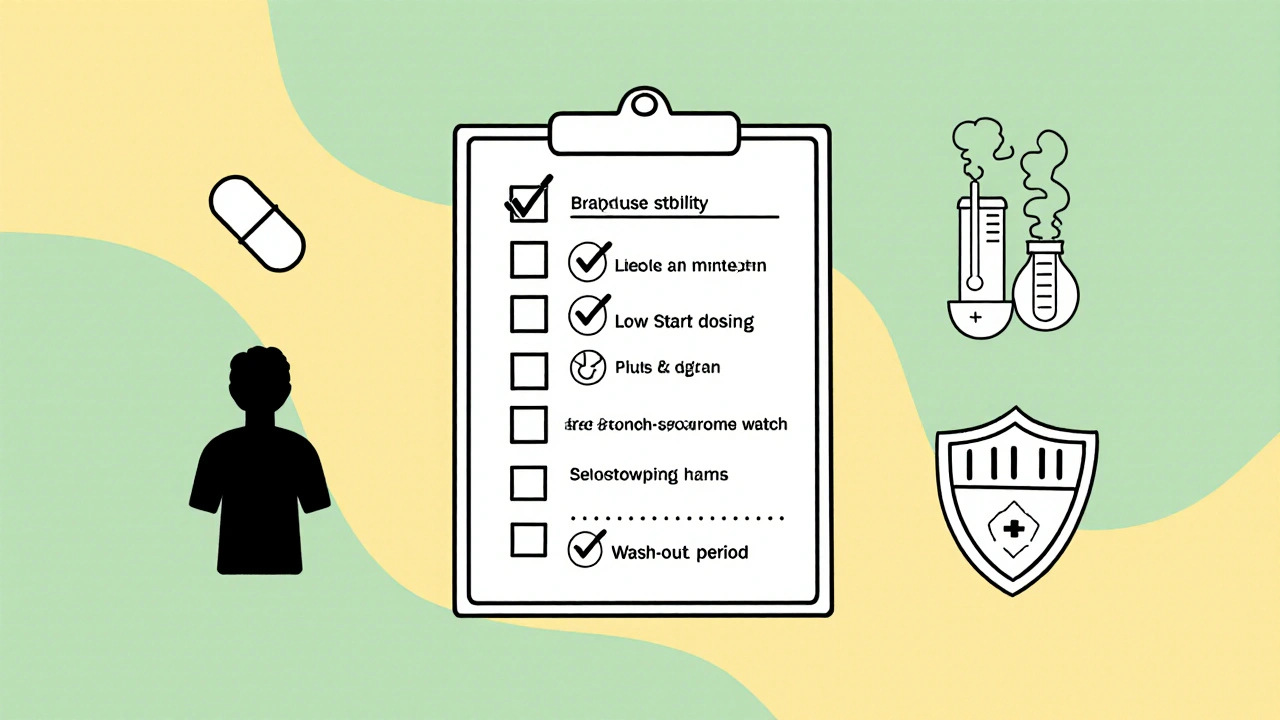 Illustration of a medical checklist with icons for dosing, monitoring, and safety when using tryptophan.