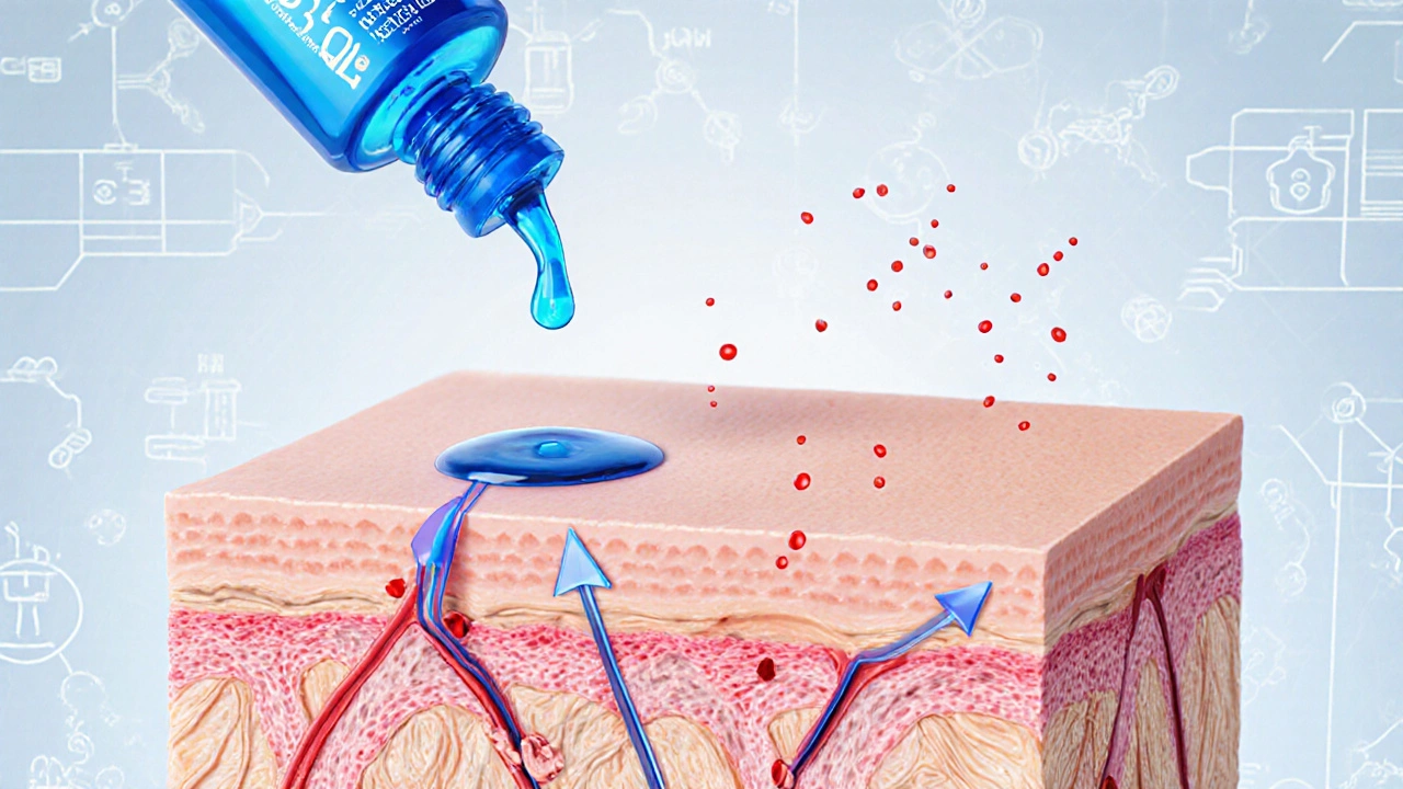 Illustration of skin layers showing A‑Ret Gel molecules binding to retinoic acid receptors.