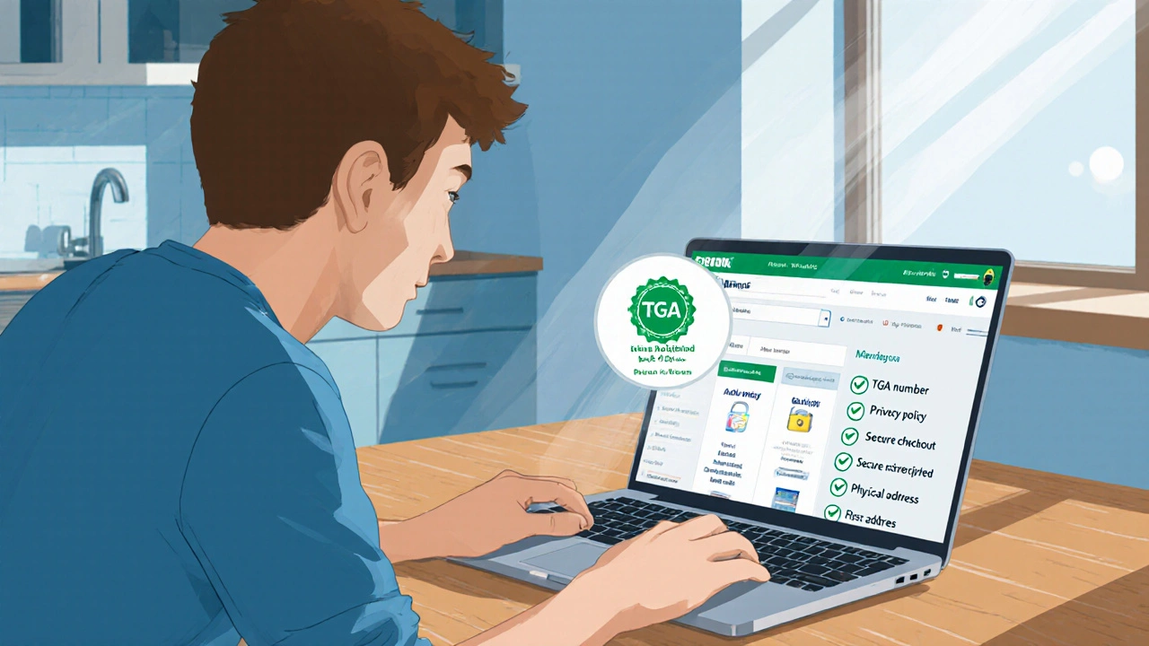 Man reviewing an online pharmacy page showing a TGA badge and checklist.