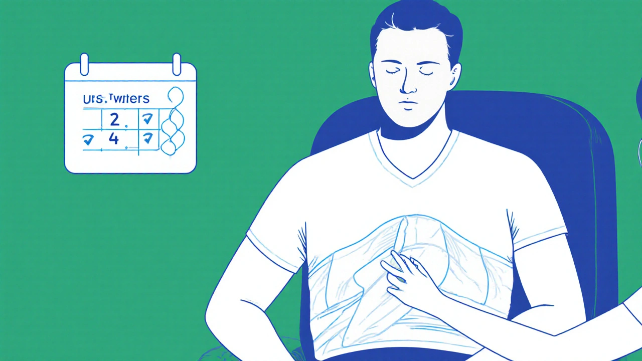 Man with compression wrap receiving gentle lymphatic drainage, with a recovery timeline shown.