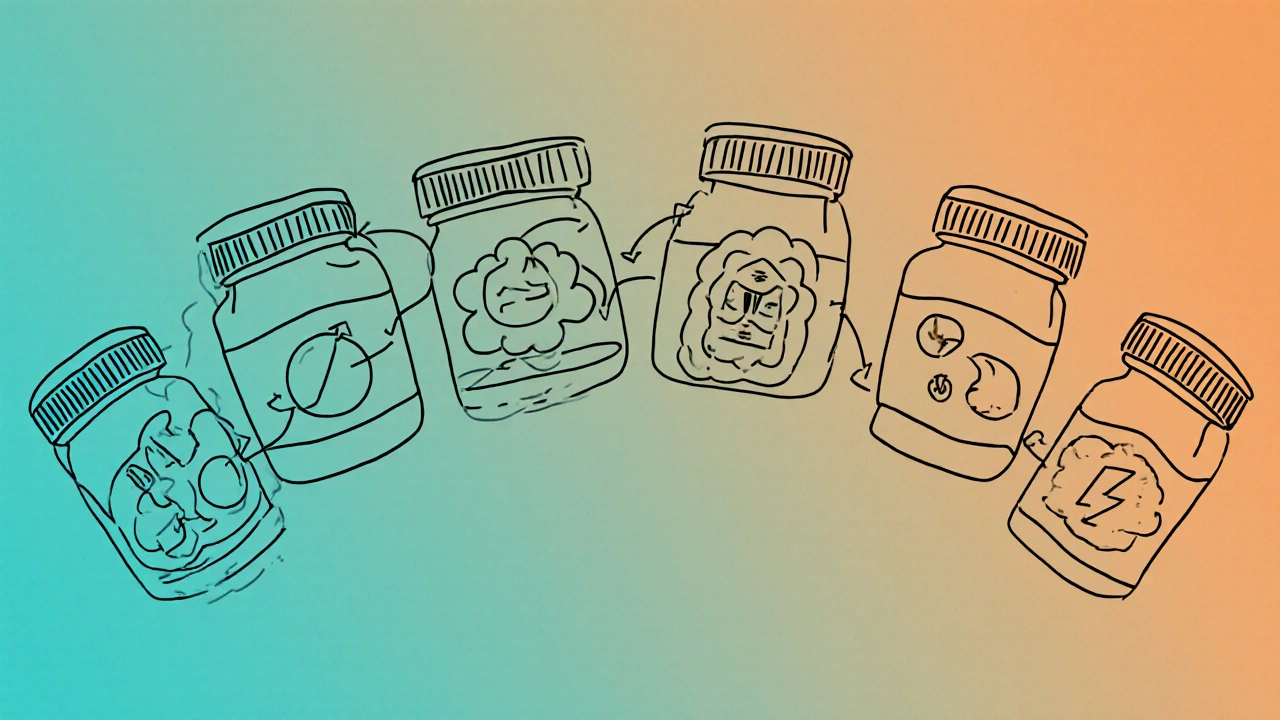 Monoline cartoon showing four antidepressant types with arrows indicating their effects on serotonin.