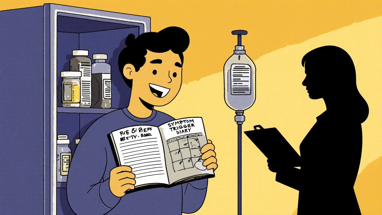 Monoline kitchen scene with diet diary, lactose‑free foods, and enzyme therapy.
