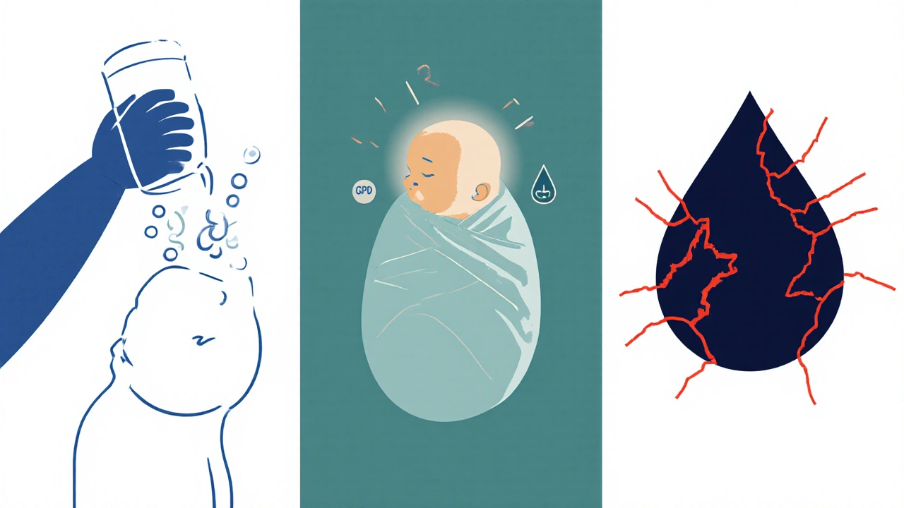 Monoline panel showing lactase, galactosemia, and G6PD deficiency scenes.