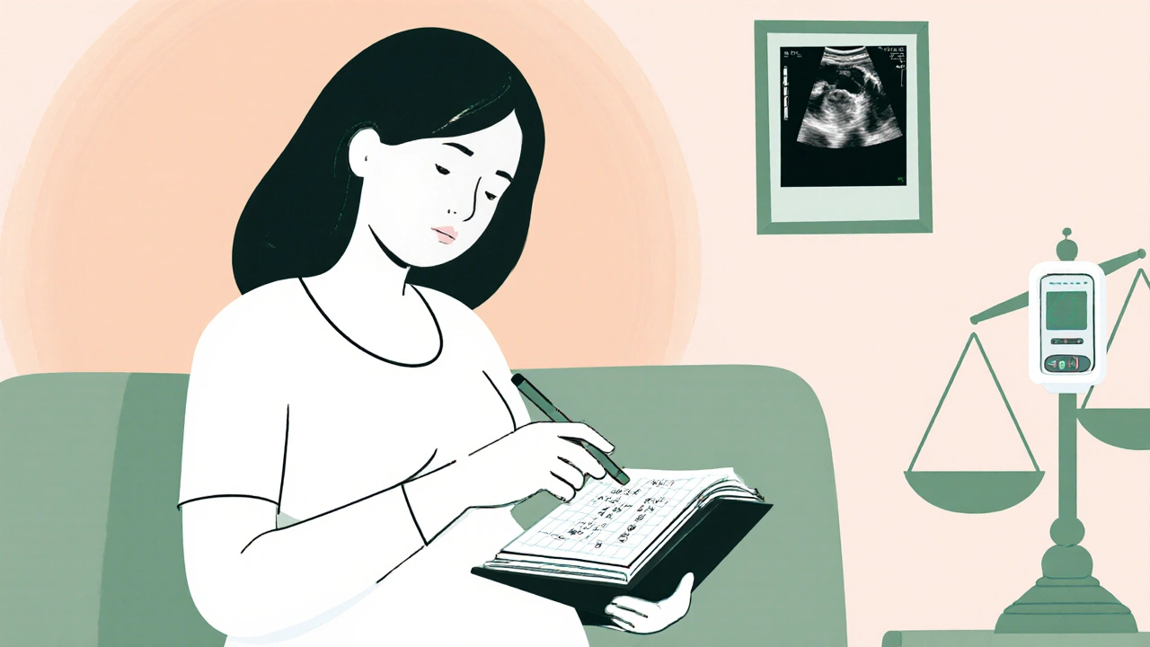 Mother logging dosage, checking blood sugar, and viewing ultrasound.