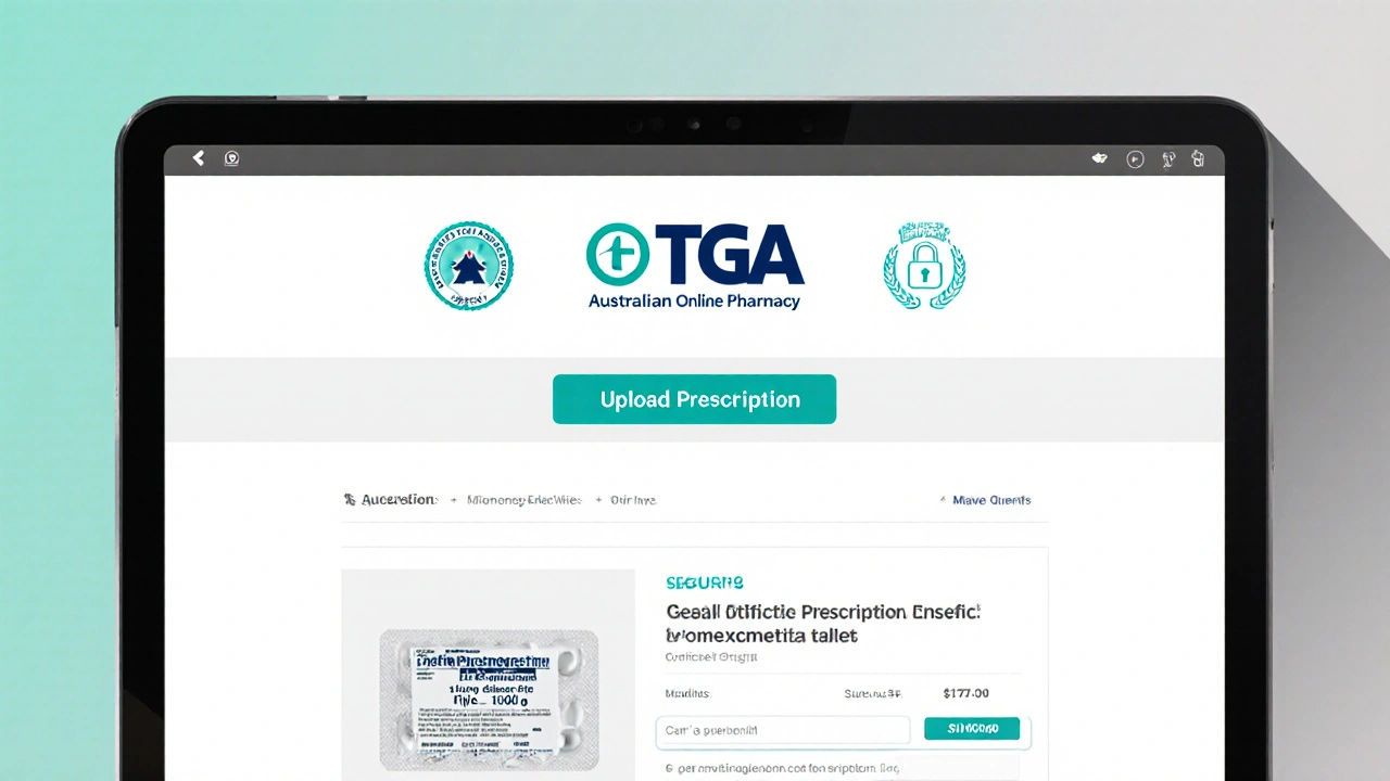 Online pharmacy page showing accreditation seals and generic ivermectin product details.