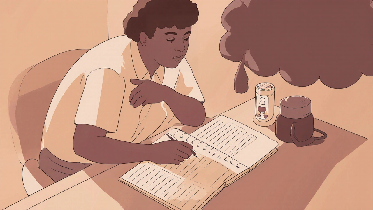 Patient and doctor at a desk with a symptom diary and an intrathecal pump.