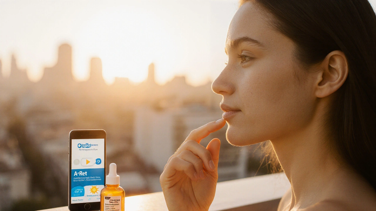 Person applying A‑Ret Gel at sunrise, with sunscreen and tele‑dermatology phone nearby.