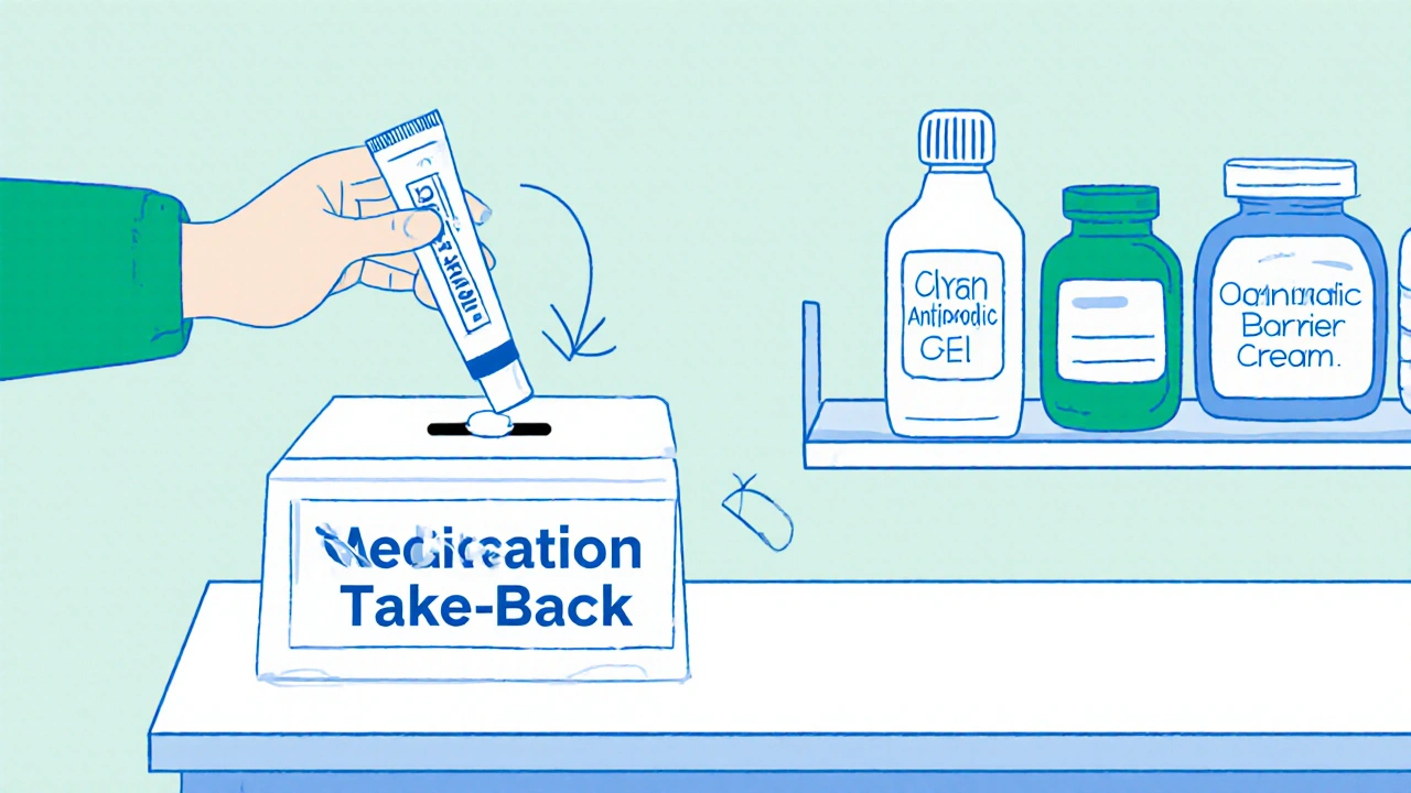 Person depositing expired mupirocin into a pharmacy take‑back bin with alternative treatments shown.