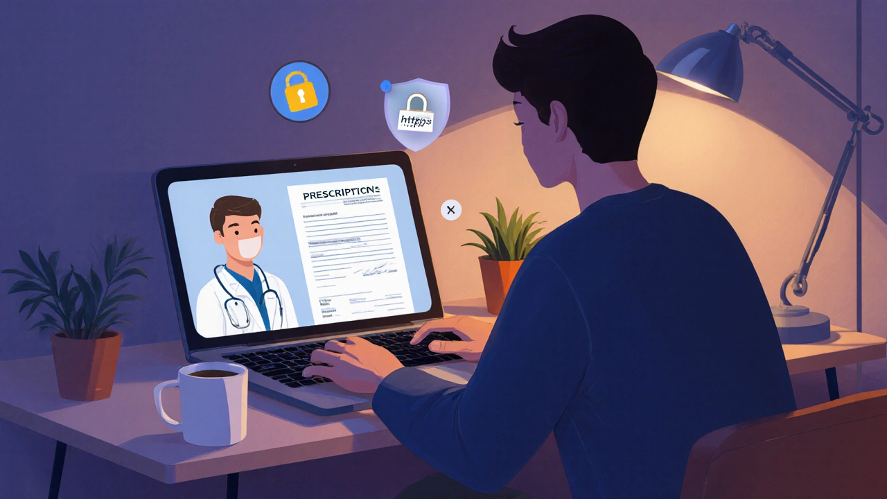 Person on a laptop having a telehealth video call, with a blurred prescription visible.