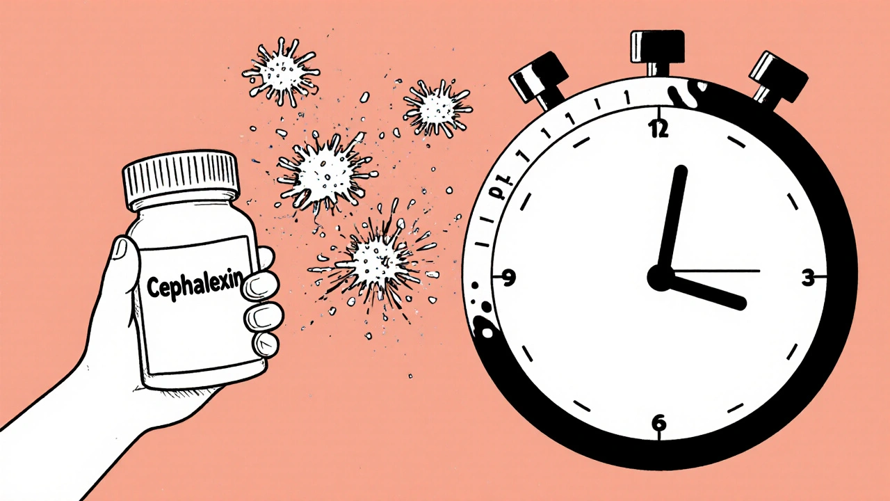 Person taking cephalexin pill as bacteria explode behind them, with a 10-day clock in background, monoline illustration.