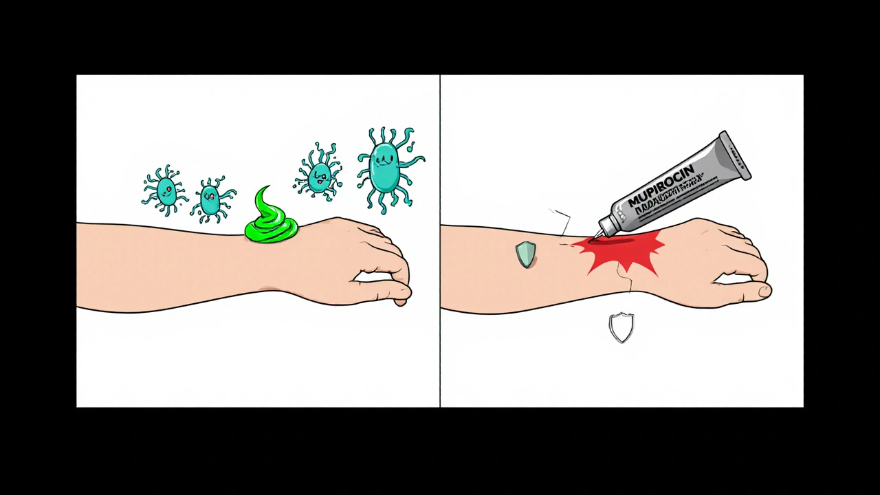 Split view showing effective ointment fighting bacteria versus expired tube causing infection and irritation.