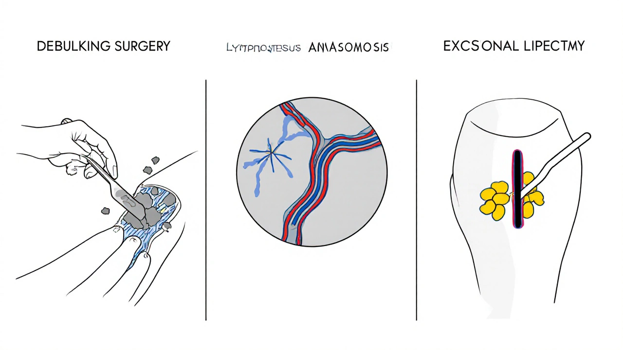 Three panels illustrate debulking, lymphovenous anastomosis, and lipectomy surgeries in monoline drawings.