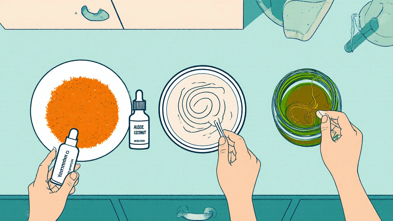 Top‑down kitchen scene with three DIY skincare mixtures: vitamin C serum, aloe‑coconut moisturizer, green tea toner.