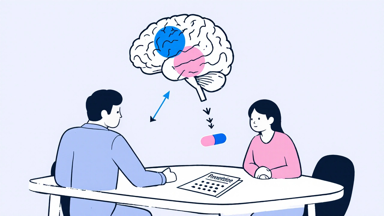 Veteran and therapist in session, brain diagram highlights amygdala and prefrontal cortex linked to a pill.