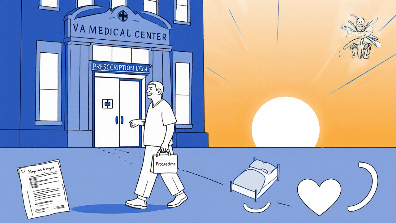 Veteran leaving VA clinic with prescription bag, smiling under sunrise, indicating improved well‑being.