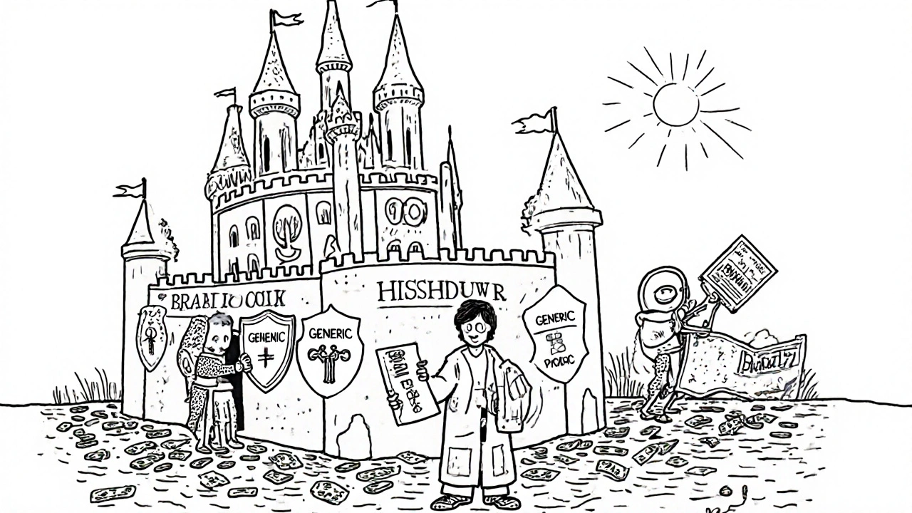 A brand drug castle guarded by patent knights, with a generic challenger holding a biosimilar key, drawn in clean monoline.