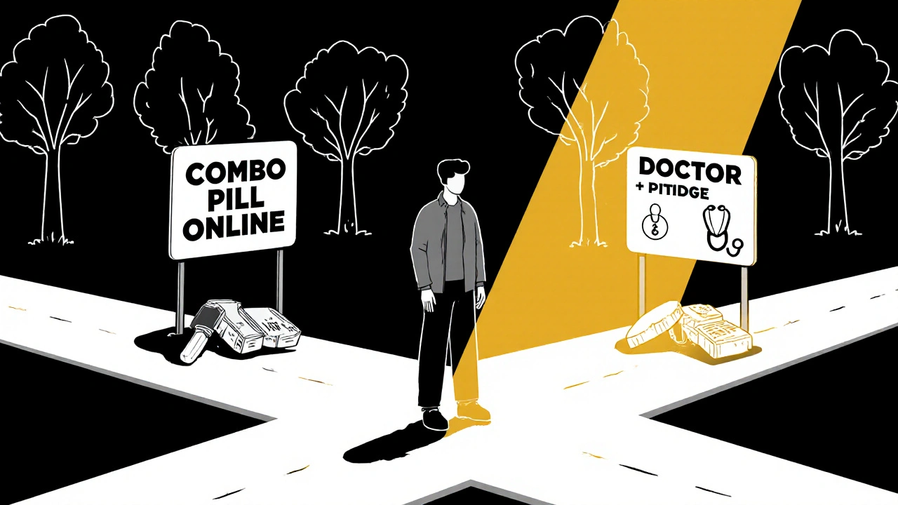 A man choosing between risky online pills and safe prescription options with symbols of medical care and healthy living.