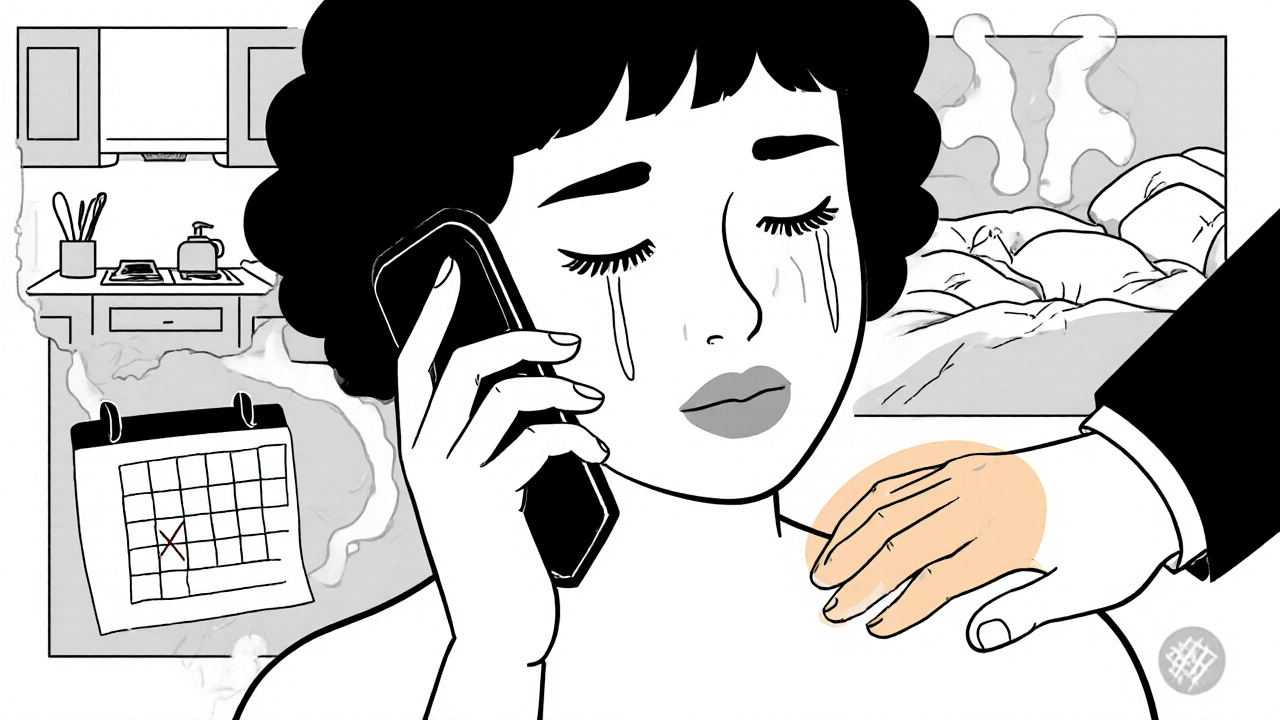 A pregnant woman crying on the phone, with a supportive hand gently on her shoulder.