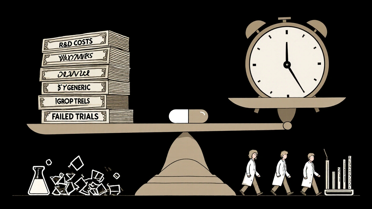 A scale balancing expensive drug research costs against a low-cost generic pill.
