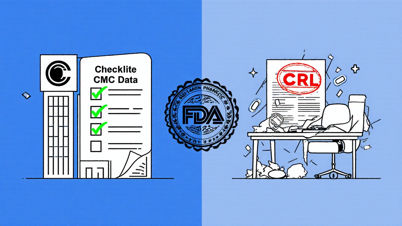 A split illustration comparing a big pharma company with clean data and a small startup facing a rejection stamp.