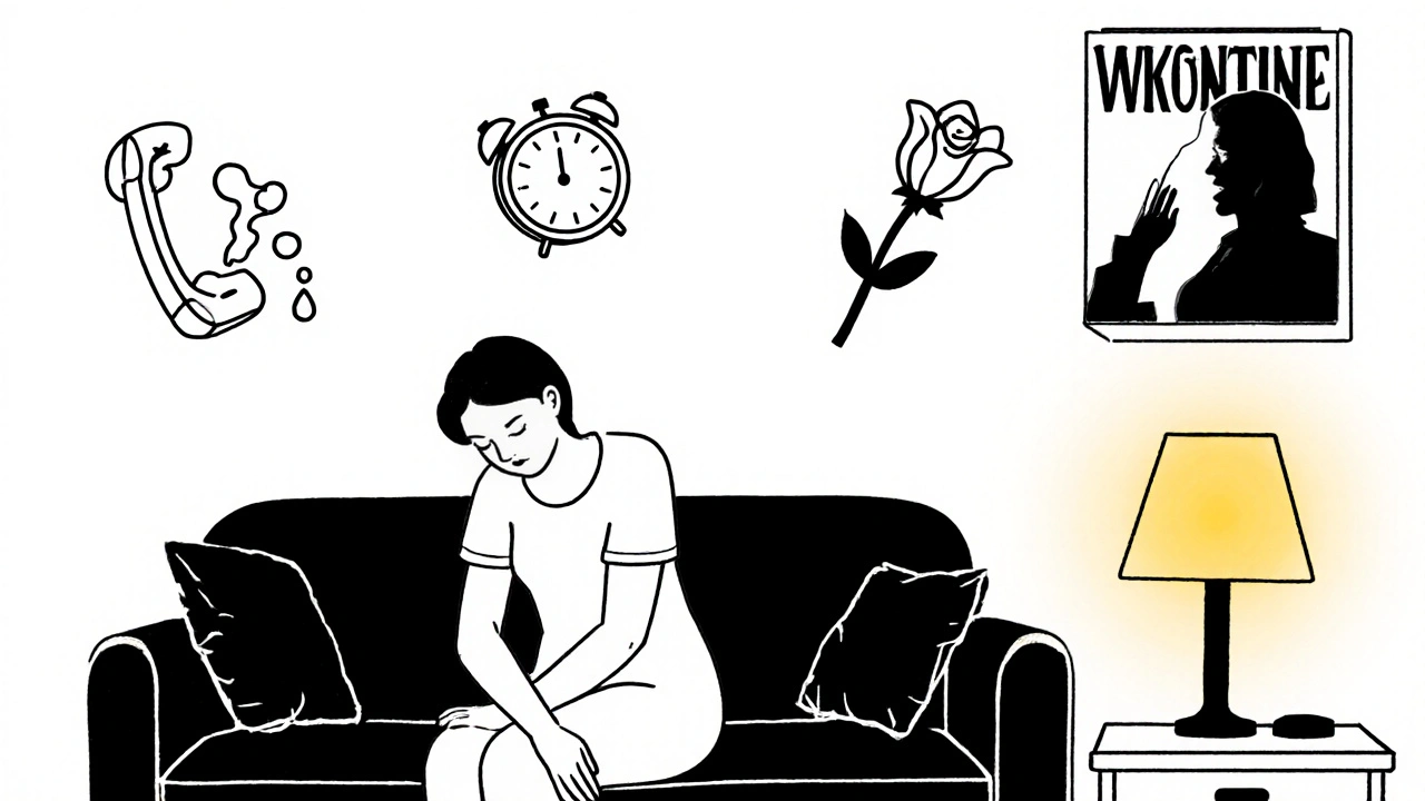 A woman alone on a couch, surrounded by symbols of sickness, time, and isolation.
