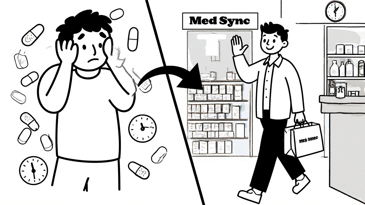 Before and after scene: stress and chaos vs calm and organization with medication sync.